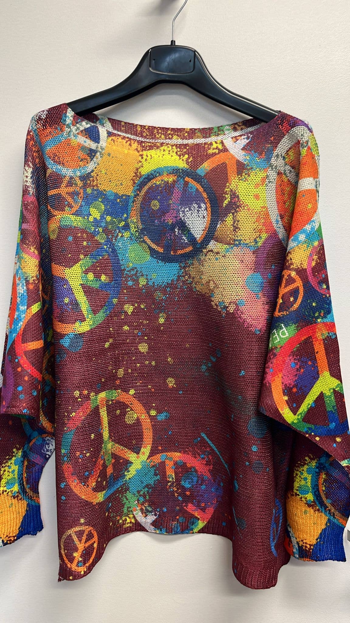 LOOWIE - Wholesale Knit Sweater - Women's -  VIPLB Peace and Love Wine Round Neck Knit Printed Sweater  0