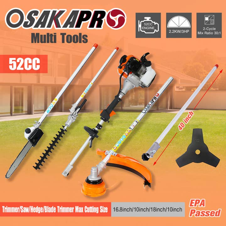 as Pic 10 in 1 Multi-Functional Trimming Tool, 52CC 2-Cycle Garden Tool System with Gas Pole Saw, Hedge Trimmer, Grass Trimmer, and Brush Cutter EPA Compliant for wholesale on Faire1