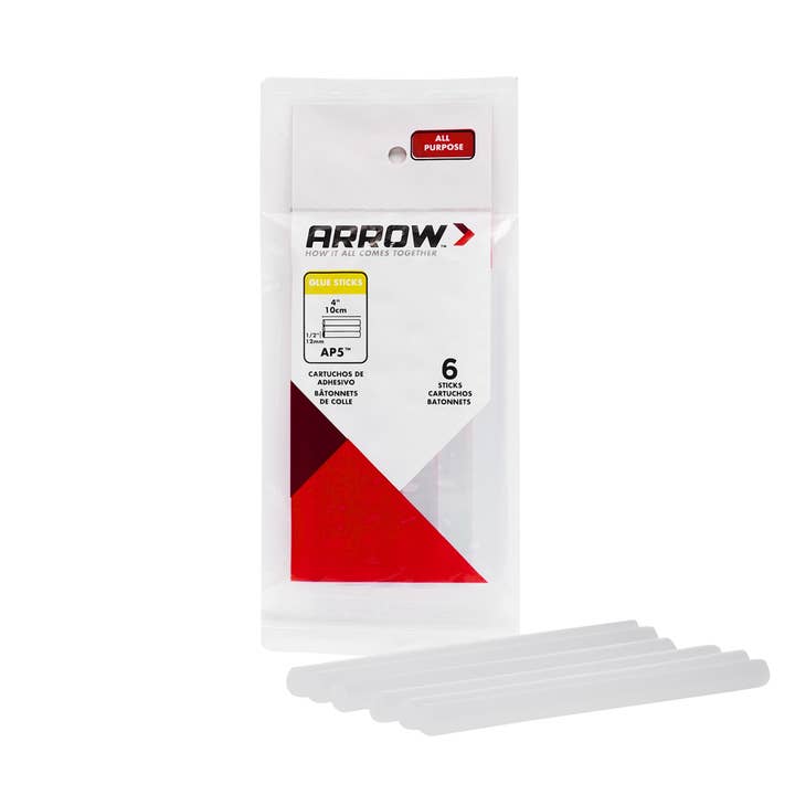 Arrow AP5 All Purpose Mini Hot Glue Sticks, 4" x 1/2", 6ct for wholesale by Arrow Tool Group