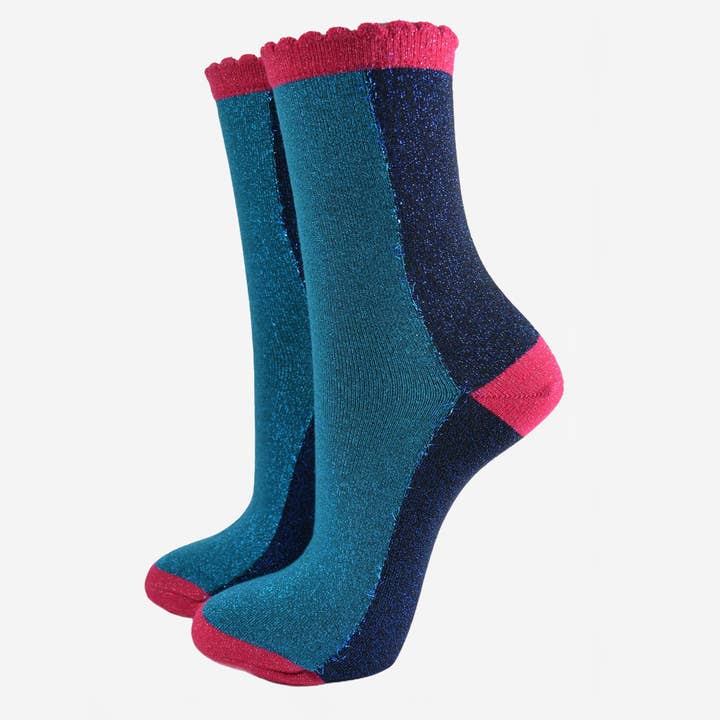 Meias Glitter Femininas - Azul-azul-marinho, Color Block por atacado de Sock Talk