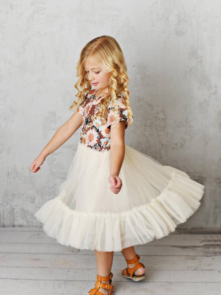 Oopsie Daisy - Wholesale Dress - Kids - Kids Ecru Pastel Butterfly Tulle Fancy Summer Dress