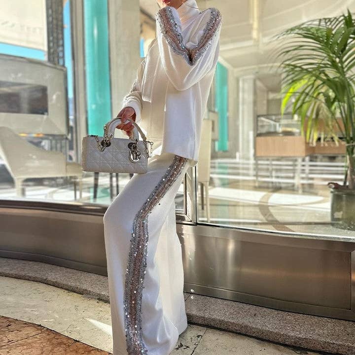 WHITE Shimmering High-Neck Sequin Trim Top And Pants Set for wholesale on Faire3