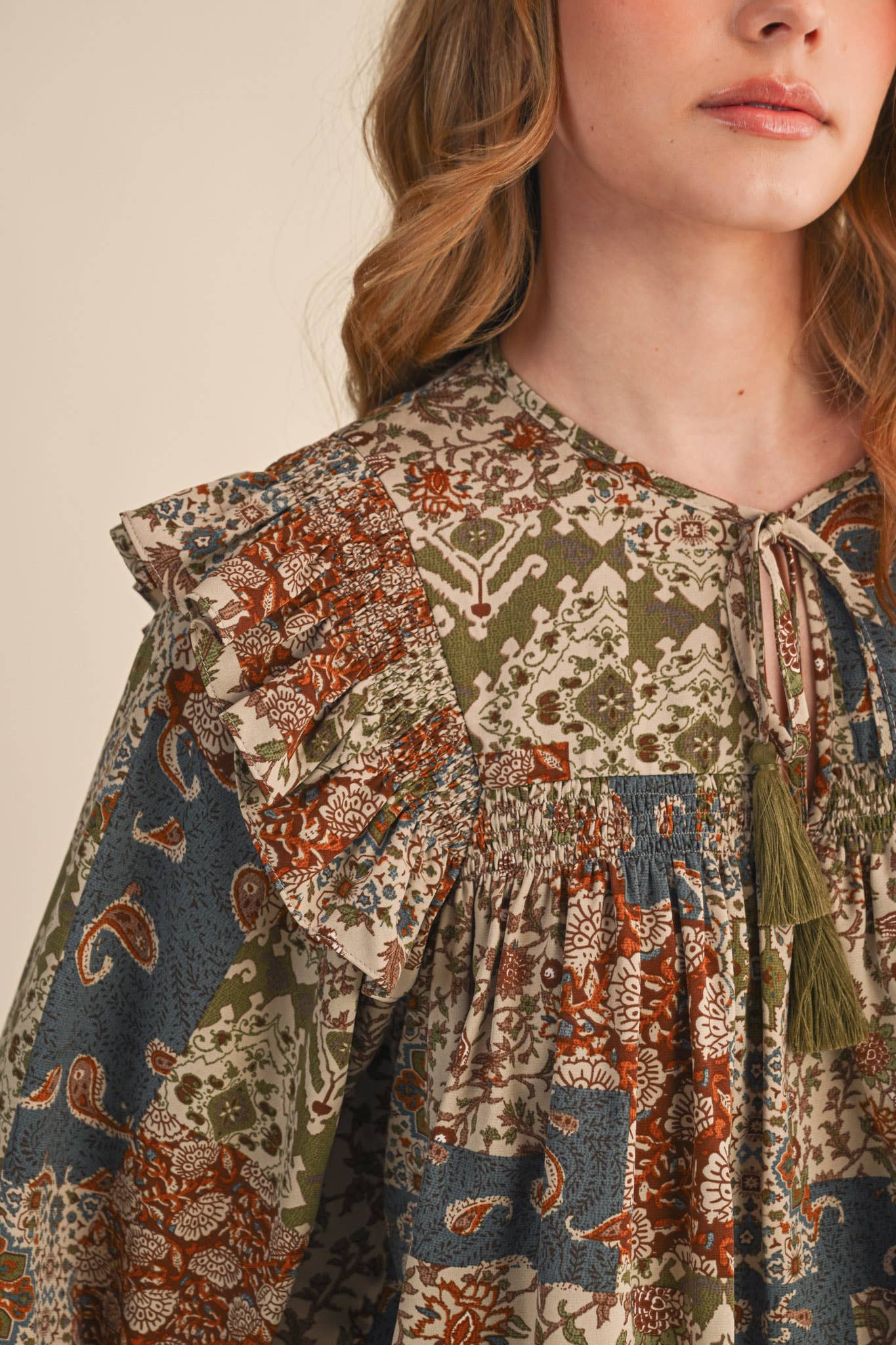 &MERCI - Wholesale Blouse - Women's - PATCHWORK PRINT SMOCKED RUFFLE BLOUSE MTP435026