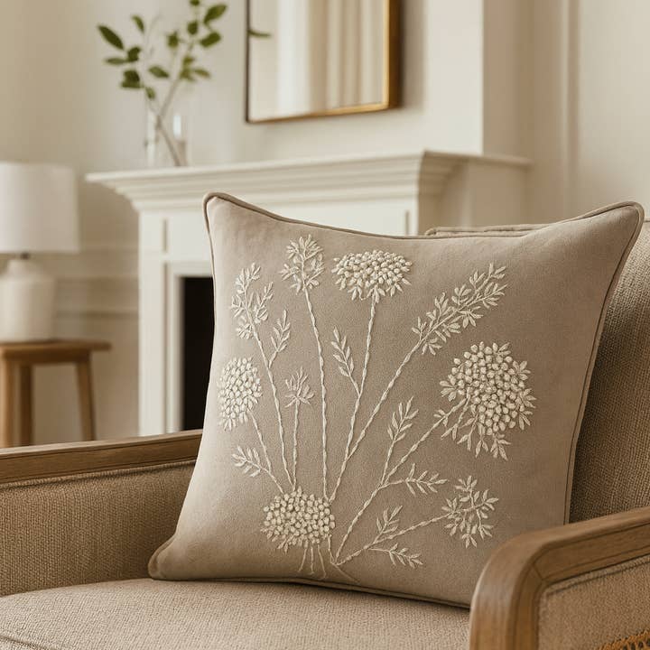 Natural Ribbon Embroidered Down-Filled 20" Throw Pillow for wholesale by Fennco Styles