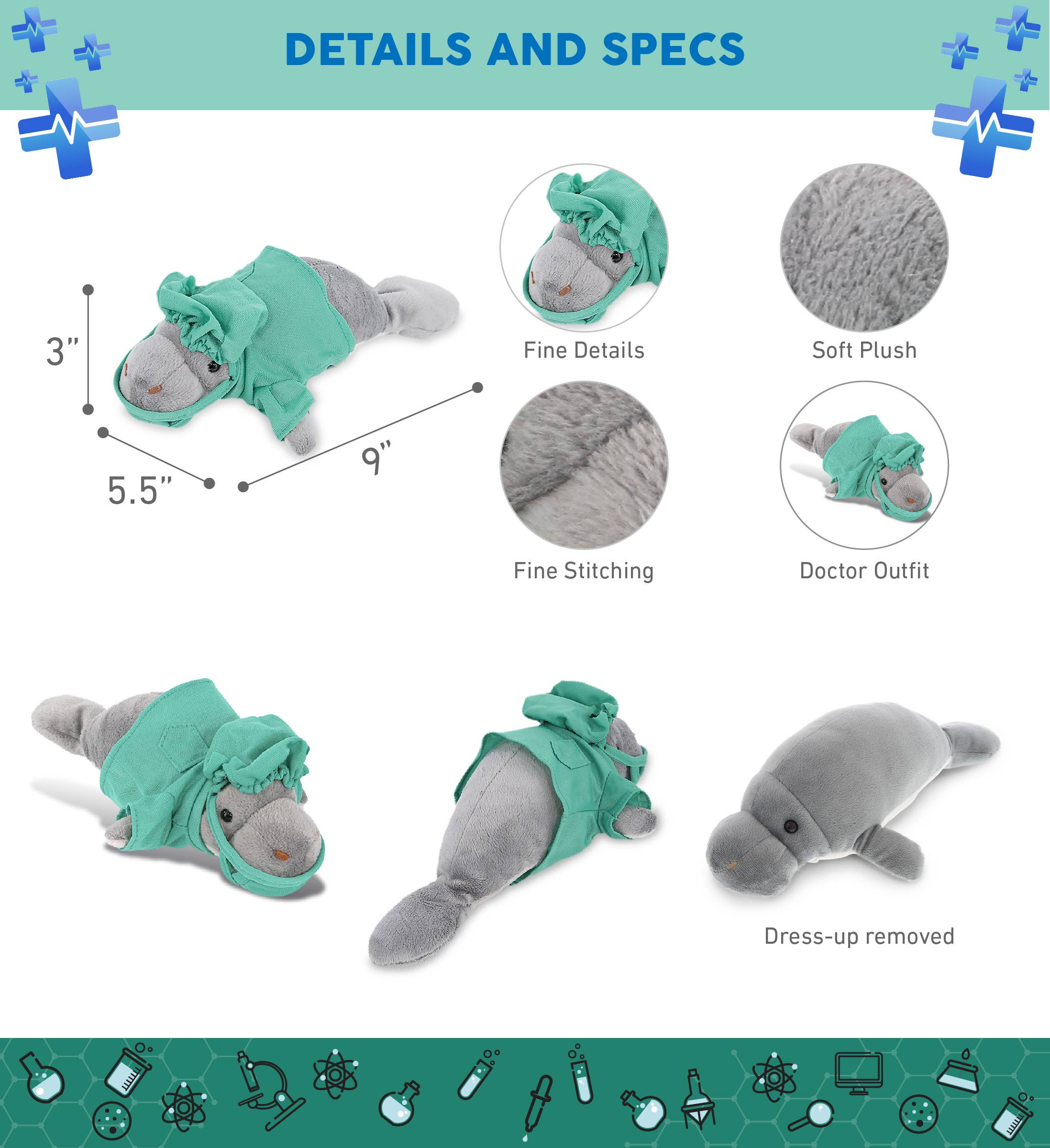 Cota Global - Wholesale Stuffed/Plush Toy - Kids & Baby - Plush Doctor - Wild Collection Plush - 9" Grey Manatee2