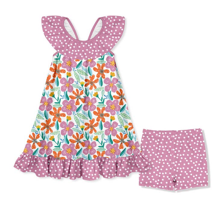 Kids Violet Flower Ruffle-Hem Yoke Dress & Shorts for wholesale by Millie Loves Lily
