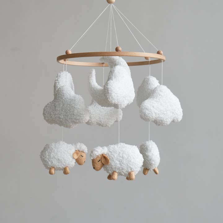 Boucle Sheep Baby Mobile Neutral Nursery Mobile Farm Mobile for wholesale by ChilDreams