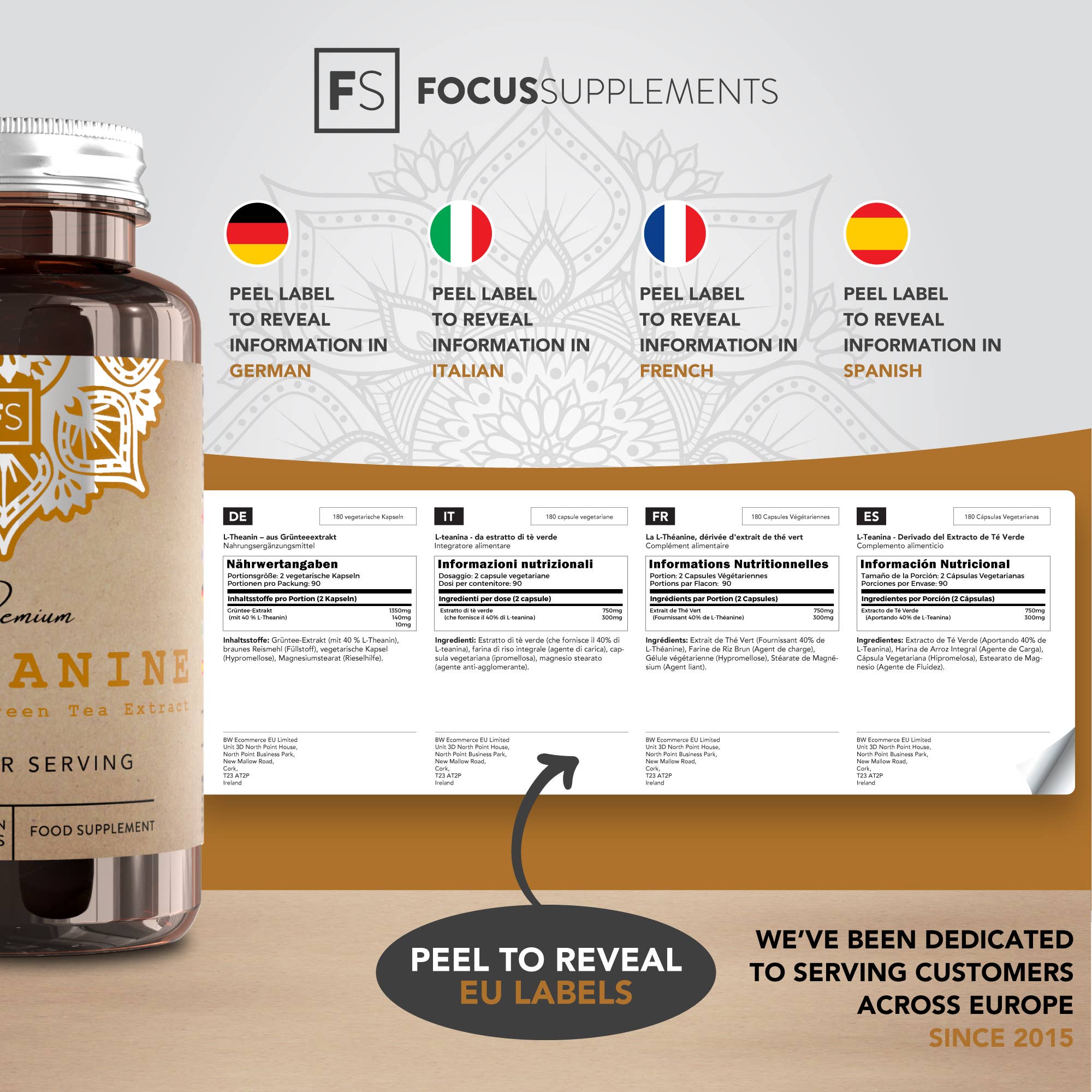 Focus Supplements - Venta al por mayor Suplementos/vitaminas para beber - L-teanina de extracto de té verde (300 mg) 180 cápsulas2