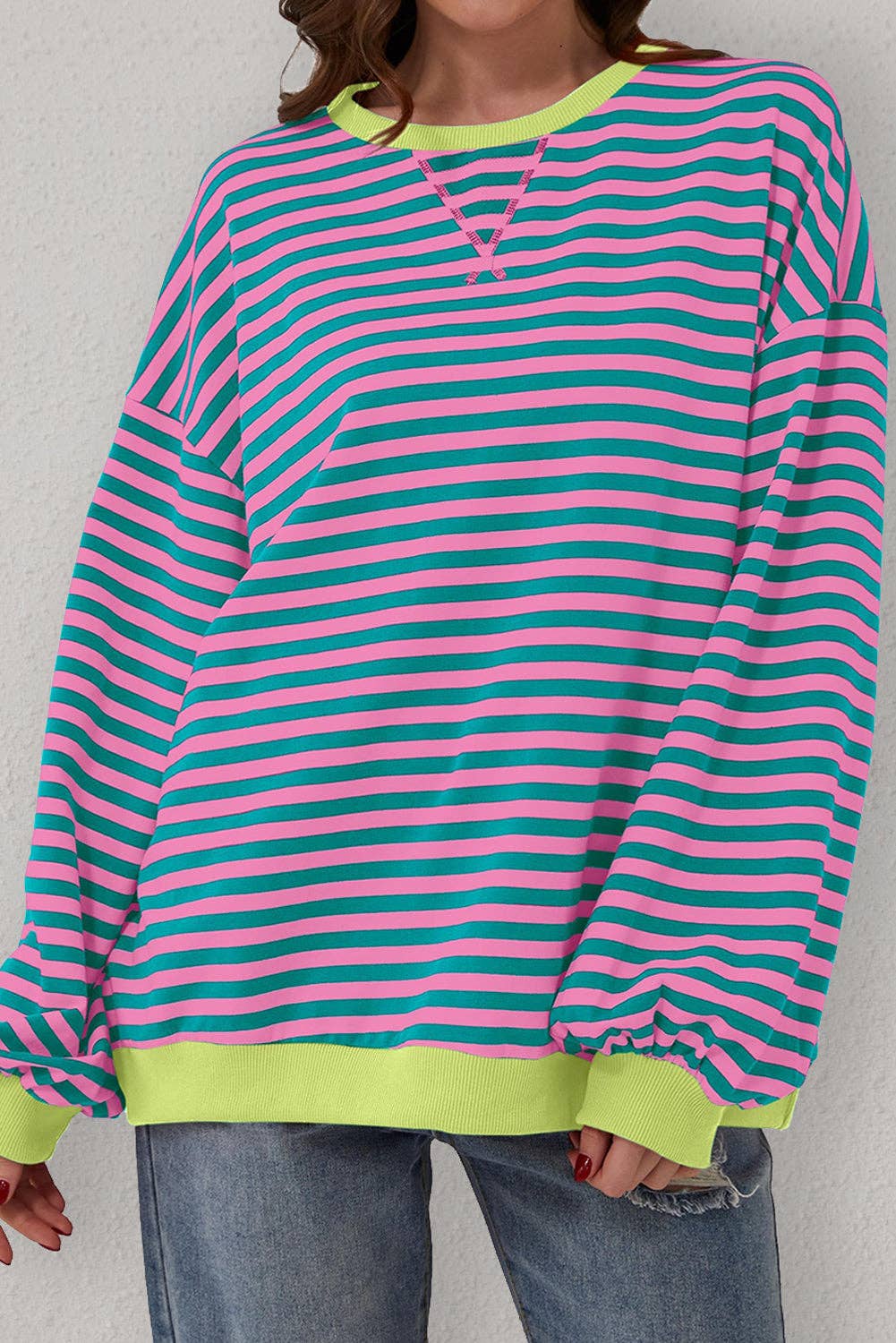 Green Stripe Oversized Colorblock Striped Pullover Sweatshirt for Women for wholesale on Faire11