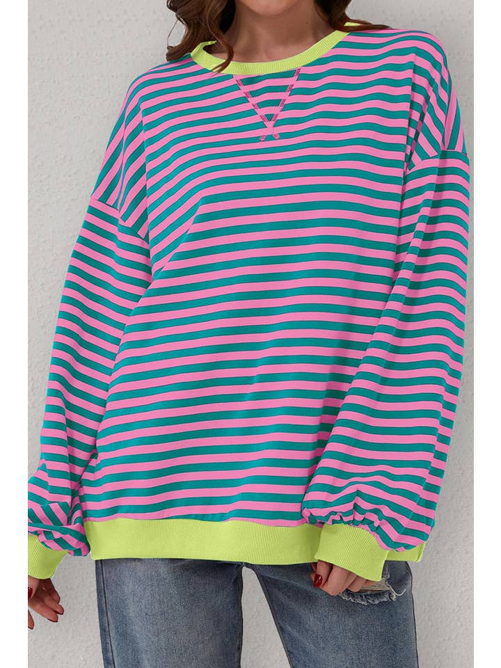 Amaryllis Apparel - Wholesale Sweatshirt - Women's - Stripe Oversized Contrast Trim Pullover Sweatshirt43
