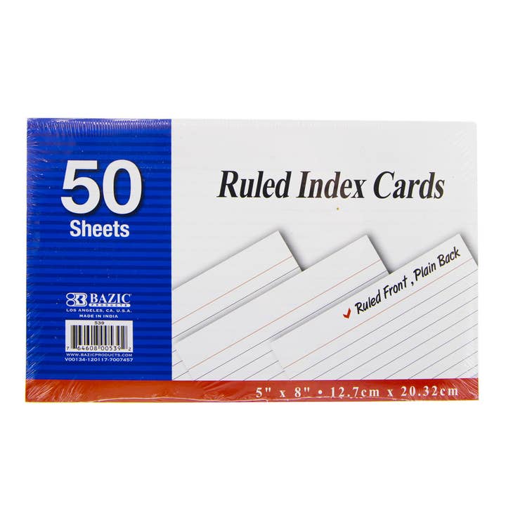BAZIC Products - Wholesale Notepad - Ruled White Index Card 5" X 8" 50 Ct.