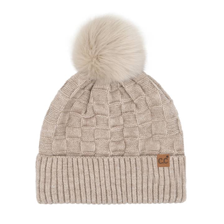 C.C Beanie - Wholesale Beanie - Women's - Woven Checkered Texture Pom C.C Beanie HTC0094