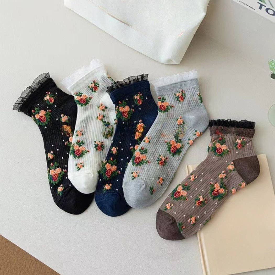 Funkyrel® Atzbranding Limited – Engroshandel Strømper - Dame – Rufia - Blonder Ankelstrømper med Blomster – 5 Farver4