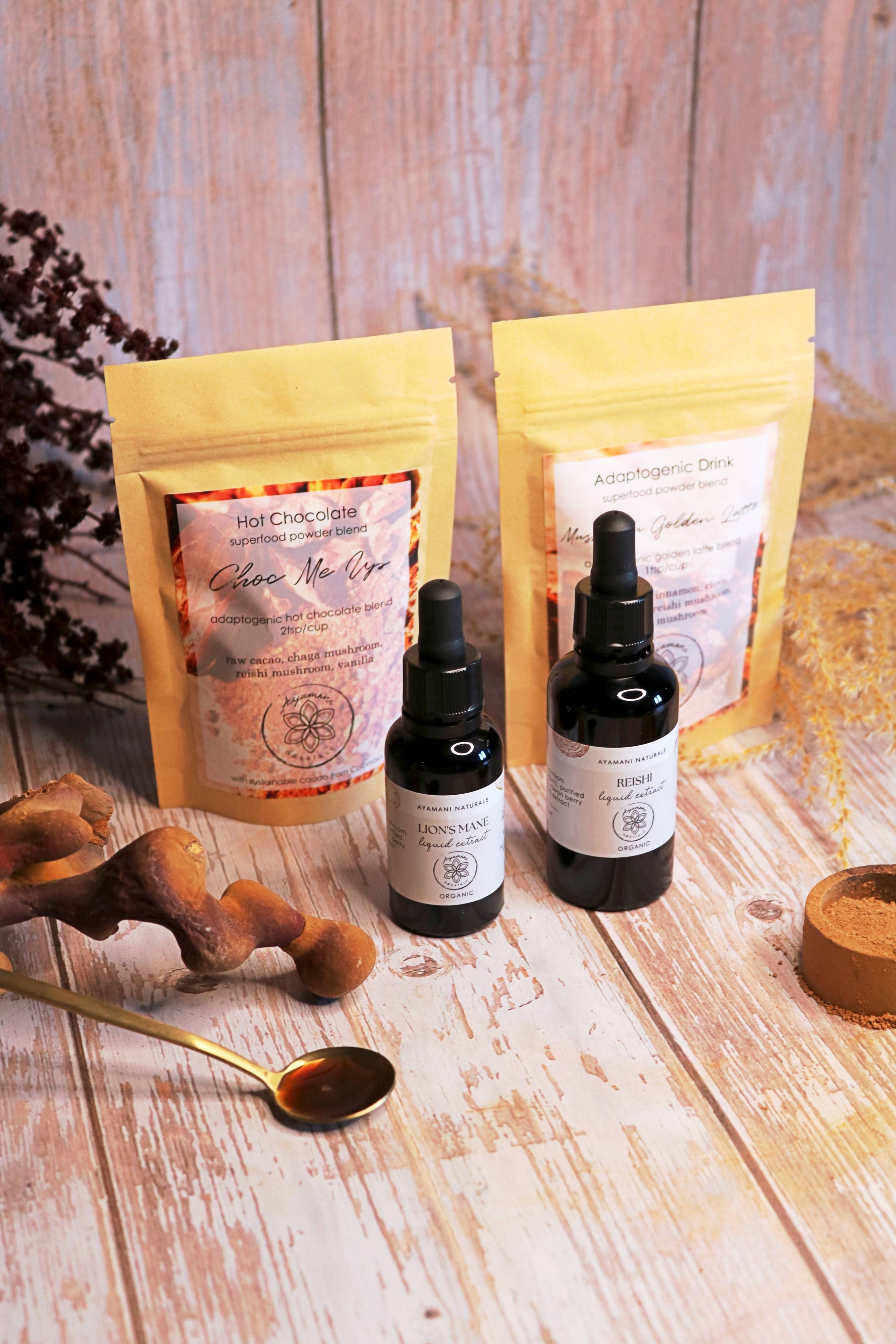 Ayamani Naturals - Wholesale Tincture - MUSHROOM RITUALS BOX | liquid extracts, cacao & golden latte2