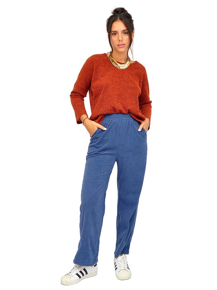 Casual corduroy blauwe broek voor wholesale door Kalimera Clothing Athens