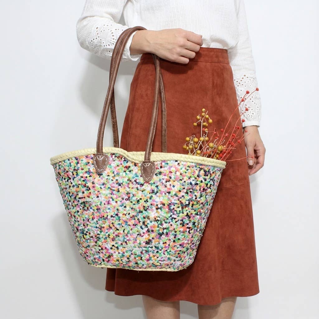 Melecraft - Venta al por mayor Bolsa de playa - Bolso de paja con lentejuelas, cesta estilo mercado francés1