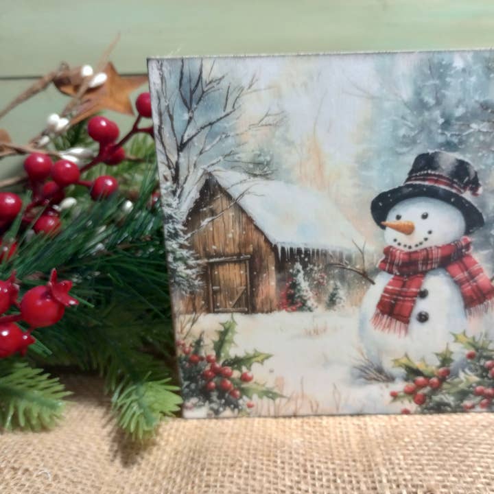 Winterberry Snowman and Barn for wholesale by Bluegrass Burlap Co
