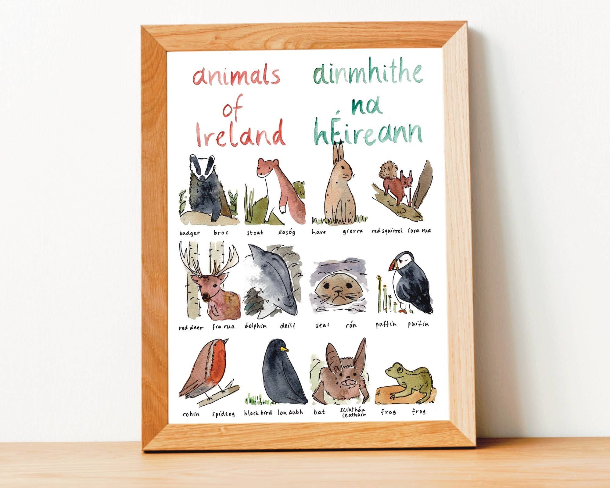 Hannah Lloyd Art - Vendita all'ingrosso Stampa artistica - Bambini e neonati - Stampa A4 animali d'Irlanda – Ainmhithe na hÉireann – Arte da parete bilingue per cameretta3