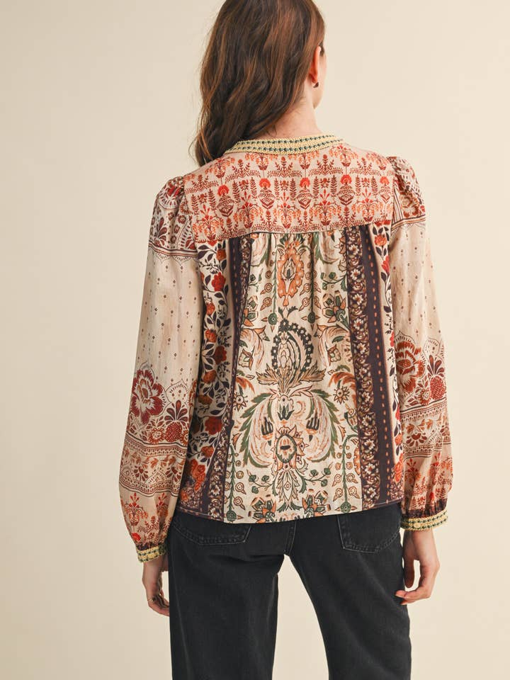 &MERCI - Wholesale Button Down Shirt - Women's - PATCHWORK PRINT CROCHET TRIM BUTTON DOWN TOP MTP43828