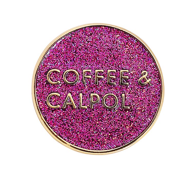 Coffee & Calpol Enamel Pin Purple Glitter for wholesale by Black & Beech