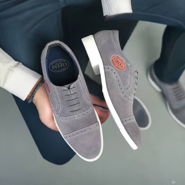 Gray Executive All Day Comfort Oxford Leather Shoes Grey with Embossed Logo for wholesale on Faire