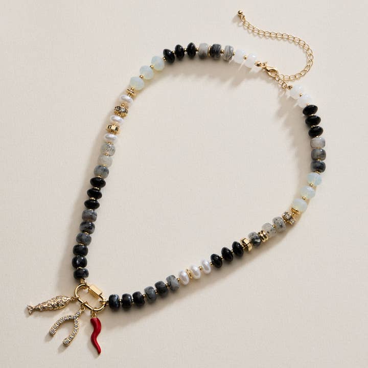 Frem - Wholesale Pendant/Charm Necklace - Layered Glass Bead Necklace with Trio of Charms2
