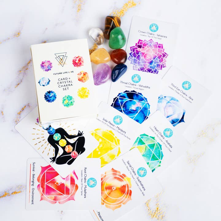 Chakra Card Set With 8 Cards and 7 Crystal Set White Box for wholesale on Faire9