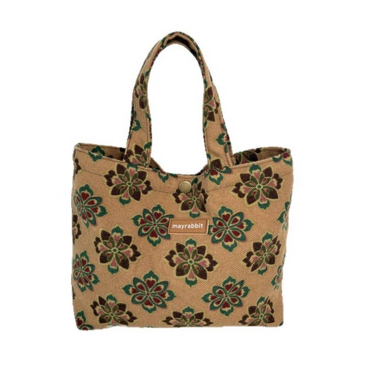 Marron Cosbai – Sac fourre-tout en toile à motif floral vintage en vente sur Faire0