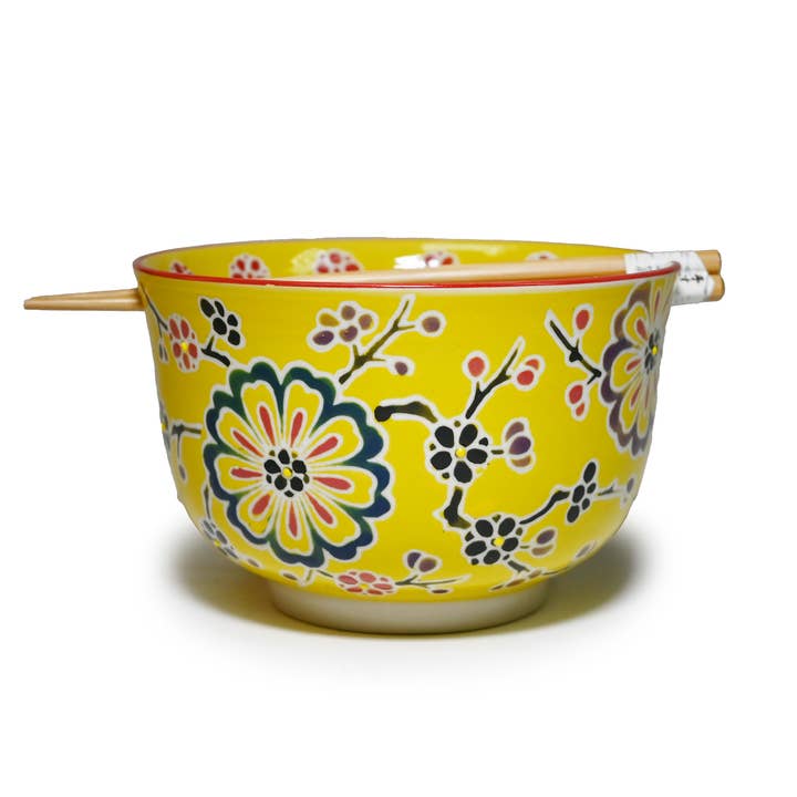 MIRA 6" BOWL WITH CHOPSTICKS – YELLOW FLOWERS ON BRANCHES for wholesale by Fuji Merchandise Corporation