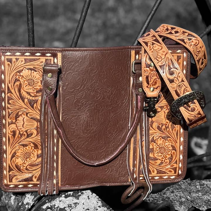 Genuine Western Leather Brown laptop messenger briefcase bag with tooled and embossed leather by Double B Wild Rags for wholesale by Double B Wild Rags