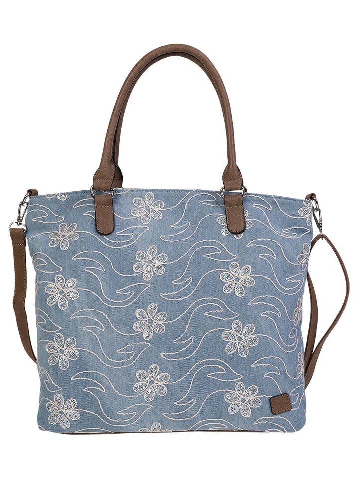 Jeans Sequins tote bag with flowers in blue for wholesale by Bernardo Bossi
