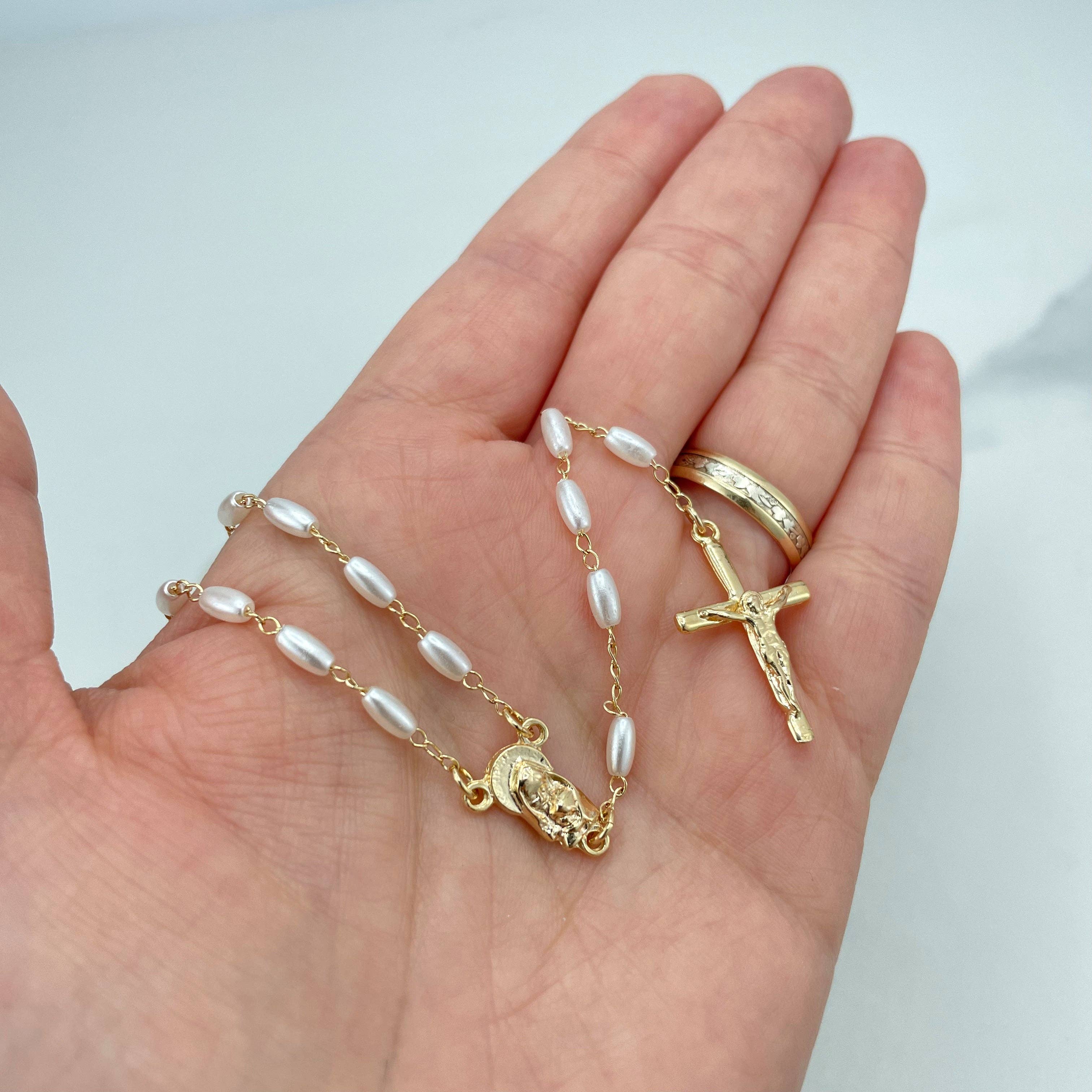 Luxus Accessories - Wholesale Prayer Beads Necklace - 18k Gold Filled Virgin Mary Face Hugging Child Jesus Christ Rosaries with Simulated Rice Pearls7