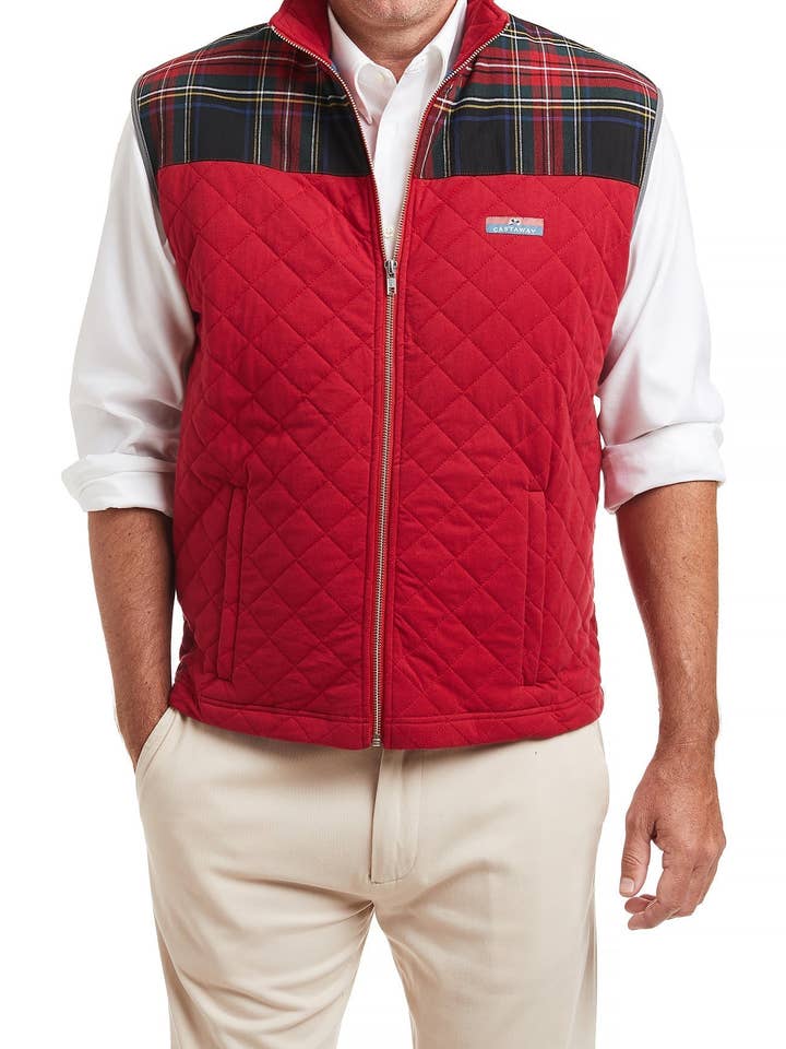 Gilet Matelassé Cross Rip Rouge Régate avec Bordure Tartan Stewart Noir pour la vente par Castaway Clothing Nantucket Island