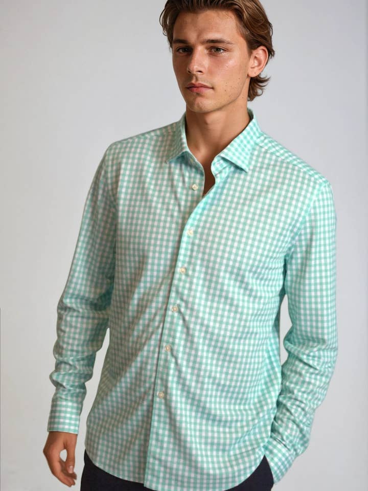 Mauro Long Sleeve Check Tech Shirt - Emerald for wholesale by Buki