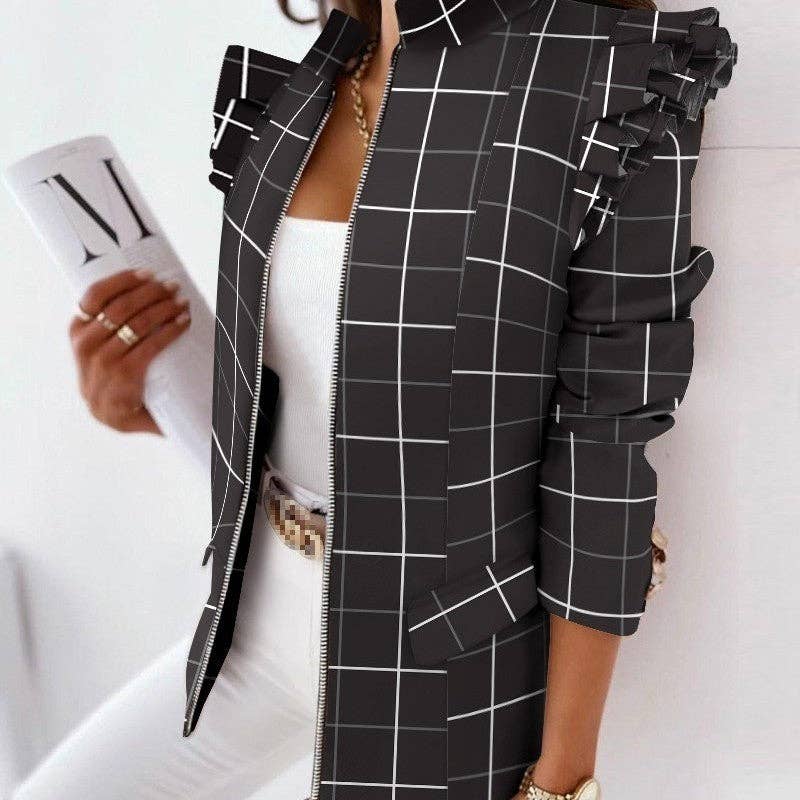 Ekartini - Wholesale Shirt Jacket/Shacket - Women's - Ruffled Long-Sleeved Stand Collar Zipper Print Shacket9