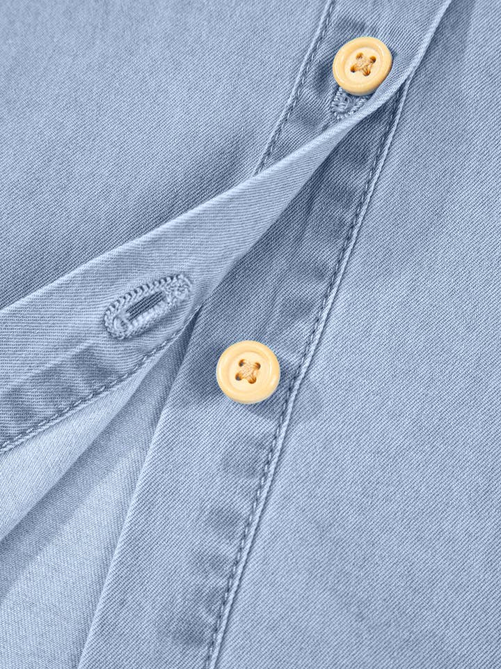 Myosotis Denim Pleated Slim Waist Short Sleeve Shirt Dress for wholesale on Faire14