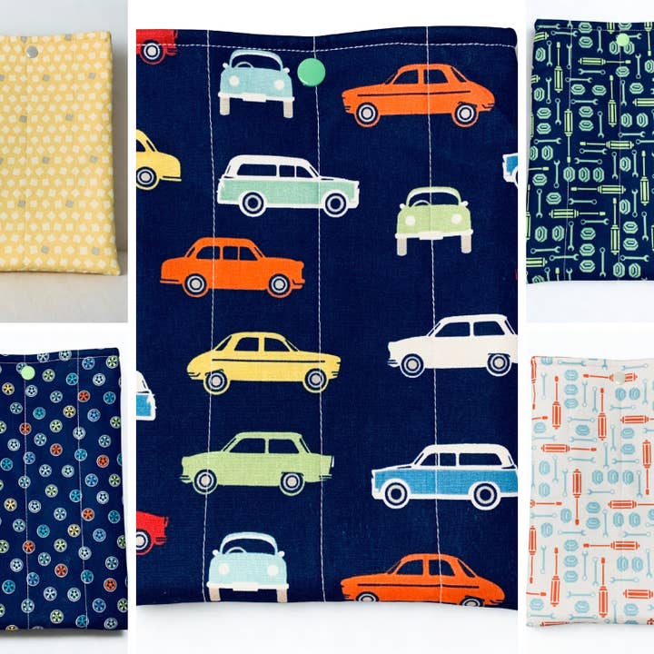 Quilted Tablet Sleeve or Book Sleeve Snap Closure Interior Pocket - Sweet Ride Collection - Car Theme for Boys, Girls, Kids - Book Cozy - Handmade - Small - 7" x 9" - 5 Prints Available for wholesale by Ann Gregory Designs