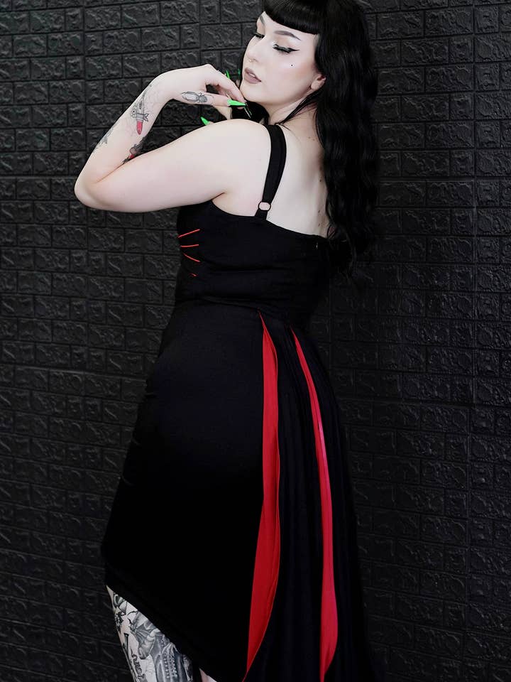 Weasel Wear - Wholesale Dress - Women's - Drac Bat Wing Cape Wiggle Dress - Black Ponte Wiggle Dress with Red Bat-Wing Cape & Mesh Cutout (Vampire Royalty Edition)2