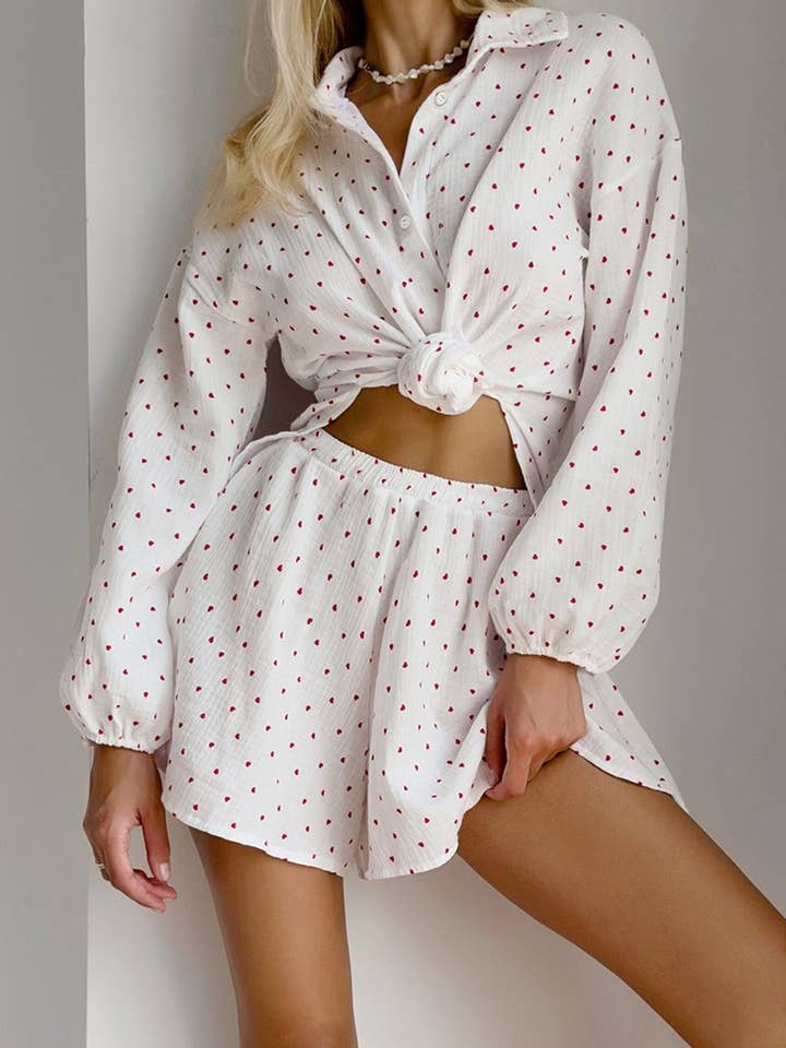 White CWSPJ0069_LONG SLEEVED SHIRT WITH BUTTONS SHORTS PAJAMAS SET for wholesale on Faire2