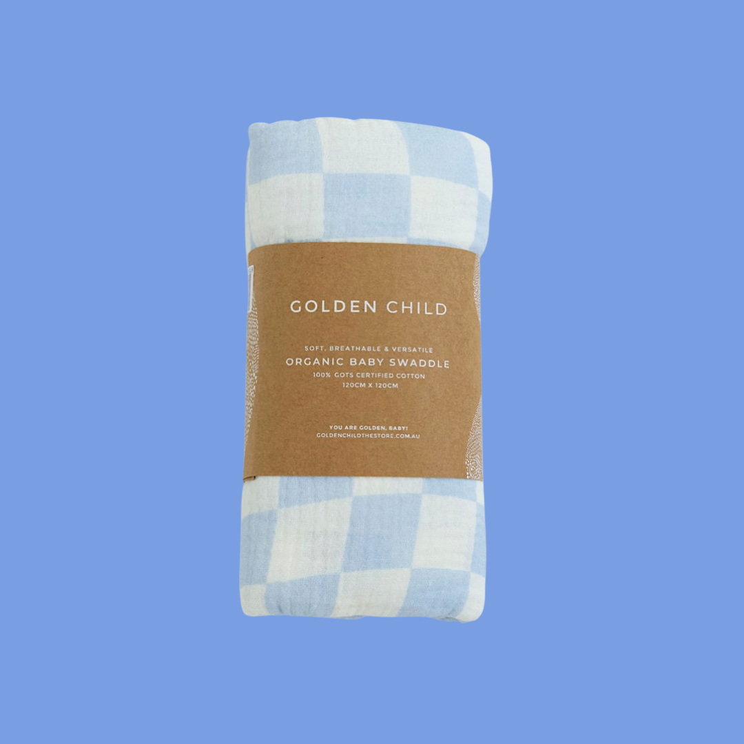 Golden Child - Wholesale Swaddle - Baby -  Wavy Baby Checked Organic Cotton Baby Swaddle - Ocean4