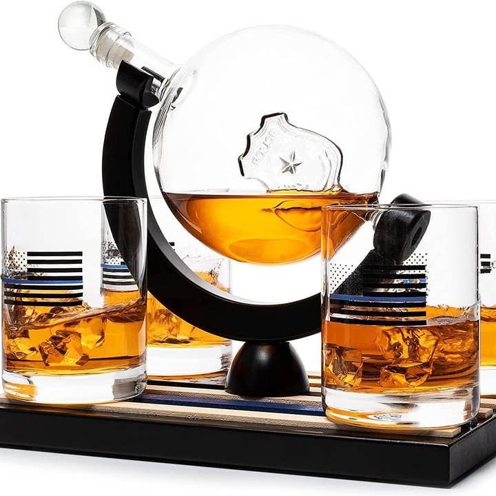 Police Whiskey Decanter Set 850ml With 4, 10oz Glasses for wholesale by The Wine Savant / Khen Glassware