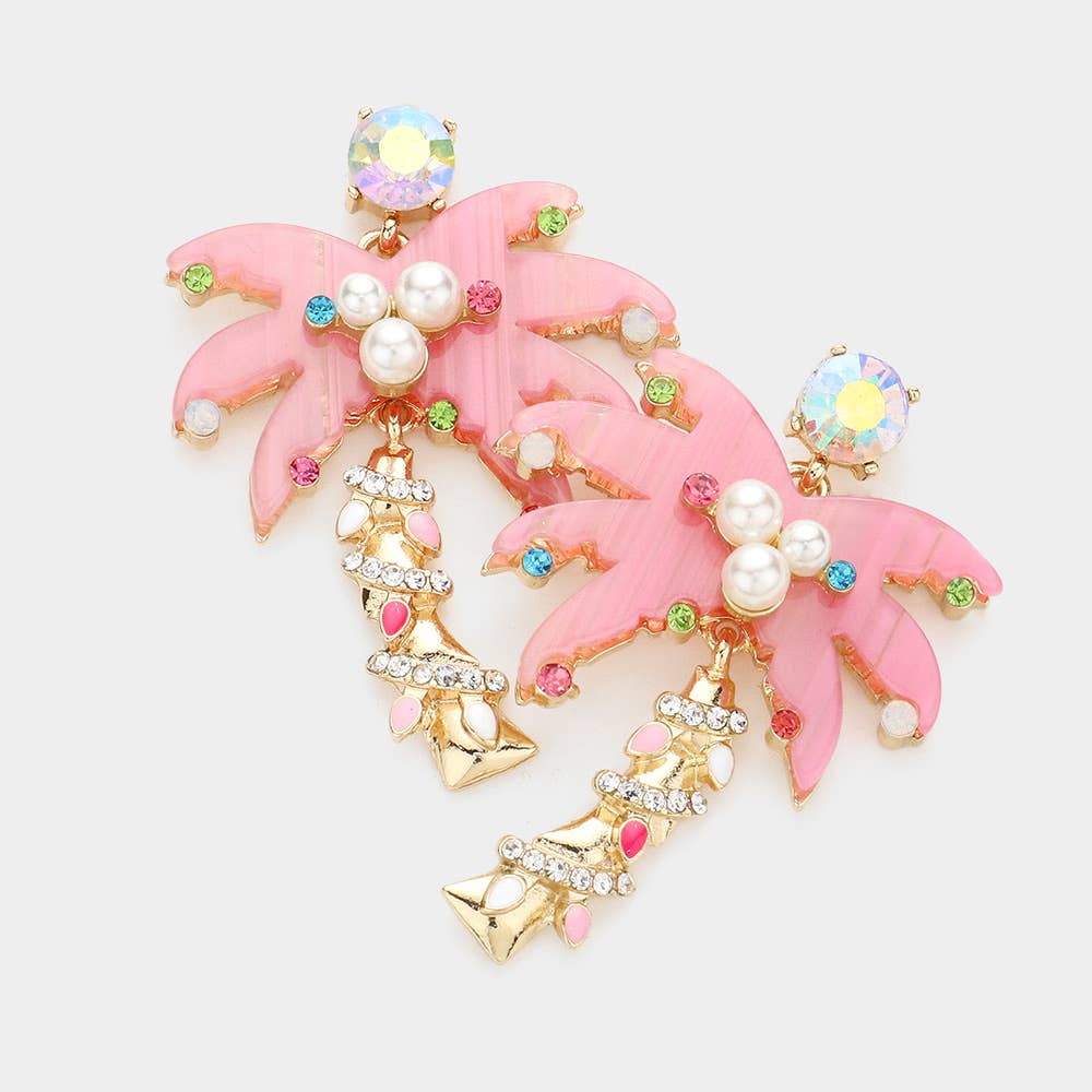Sensibling Corp. - Wholesale Dangle Earrings - Pearl Stone Embellished Celluloid Acetate Palm Tree Dangle Earrings1