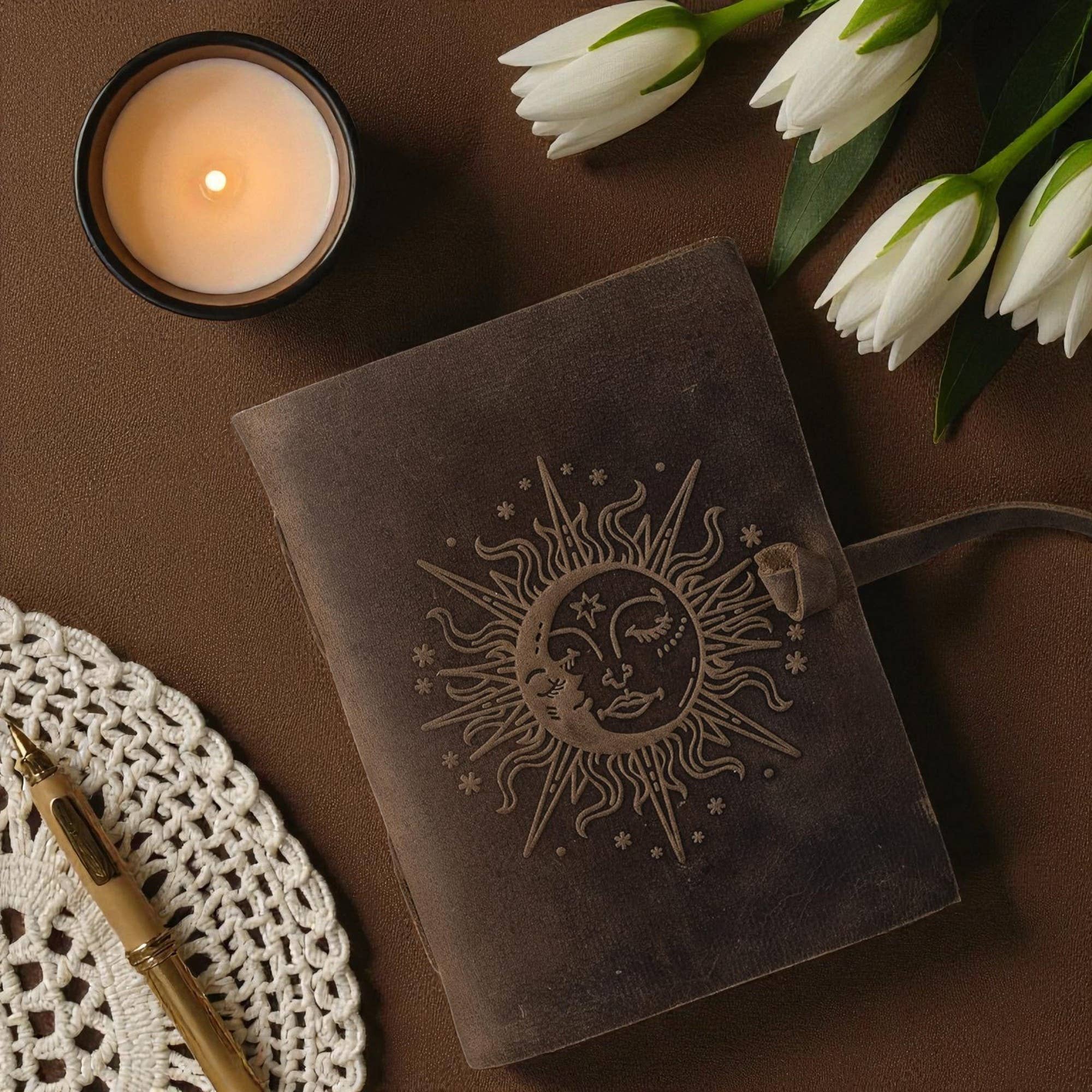 Leatherooze - Wholesale Journal/Diary - buff-brown leather journal with a sun motif 7x5 inches 5