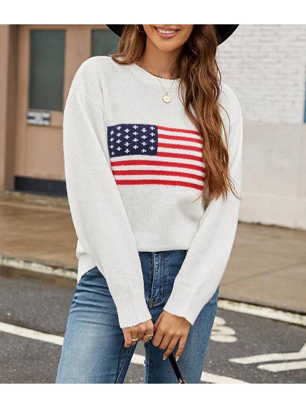 Rosa Clothing - Wholesale Knit Sweater - Women's - USA American Flag Jacquard Slim Knitted Pullover Sweater1