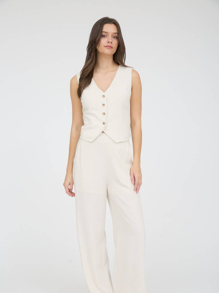 OATMEAL HIGH WAIST WIDE LEG LINEN PANTS for wholesale on Faire