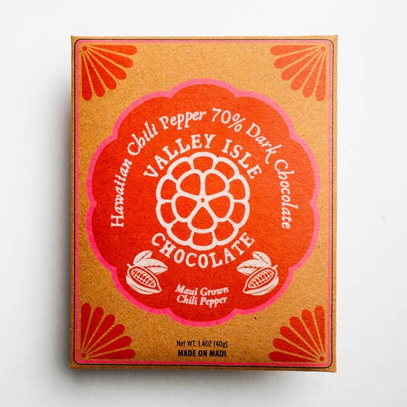 Hawaiian Chili Pepper 70% Dark Chocolate 10 Case for wholesale by Valley Isle Chocolate