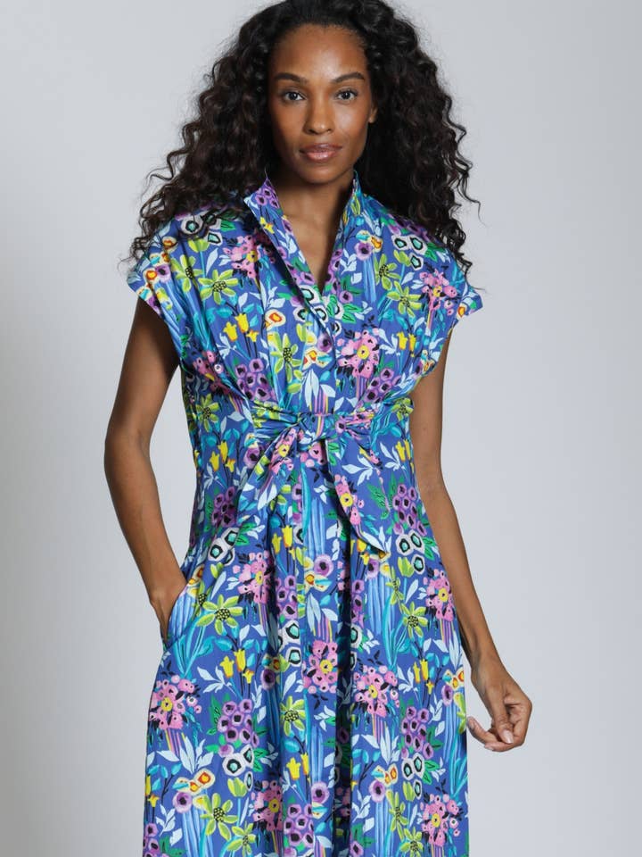 Short Sleeve Shirt Dress WITH Self Tie -Blue Multi for wholesale by APNY
