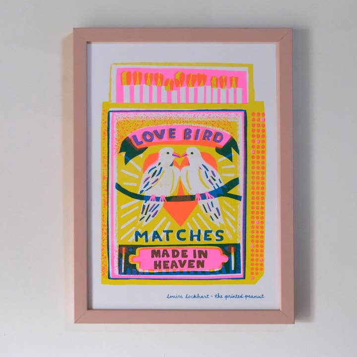 The Printed Peanut Homeware & Stationery - Wholesale Art Print - Love Bird Matches A4 Risograph Art Print1