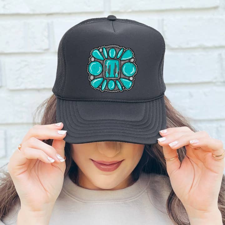 Cactus met turkooizen stenen en ruitjes - Western Trucker Hat voor wholesale door Western Wholesale