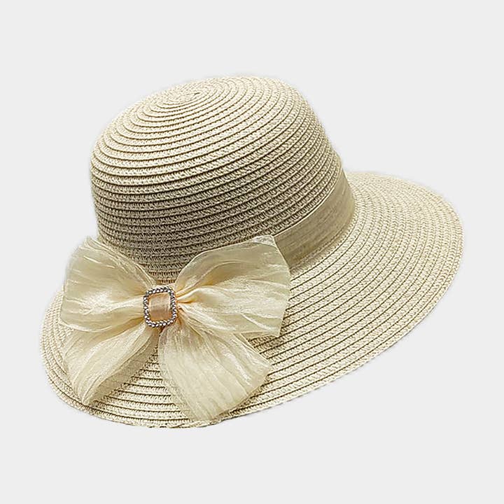 Sensibling Corp. - Wholesale Straw Hat - Women's - Fabric Bow Band Accented Straw Sun Hat